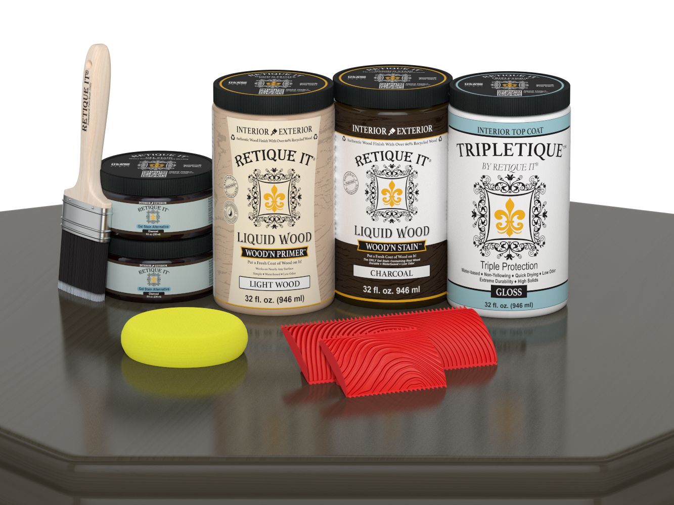 Large Charcoal Wood'n Finish Kit by Retique It® for interior wood projects, includes top coat for a glossy finish.