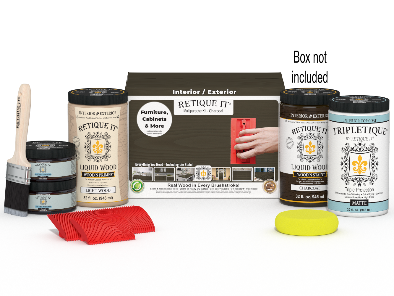Large Charcoal Wood'n Finish Kit by Retique It® for interior top coating, includes wood finishing tools and supplies in a box.