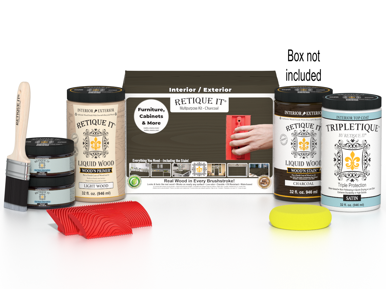 Large Charcoal Wood'n Finish Kit by Retique It® for interior top coat, includes wood stain and finishing supplies in a box.