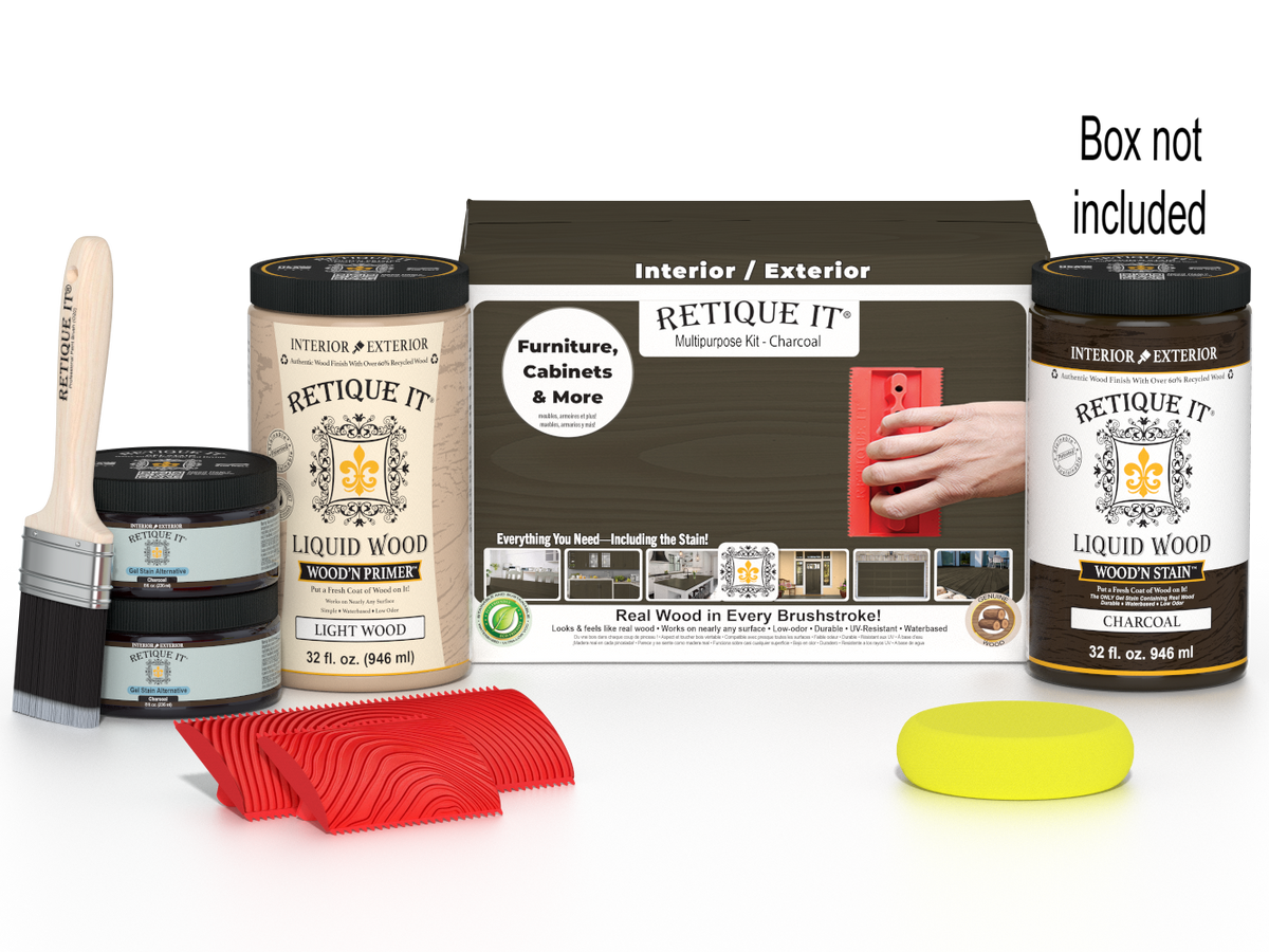 Large Charcoal Wood'n Finish Kit by Retique It® showing wood finish bottles and applicator tools in a box.