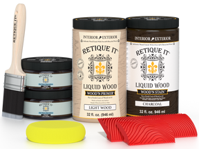 Large Charcoal Wood'n Finish Kit by Retique It® with multiple wood finishing tools and supplies in a comprehensive wood treatment set.