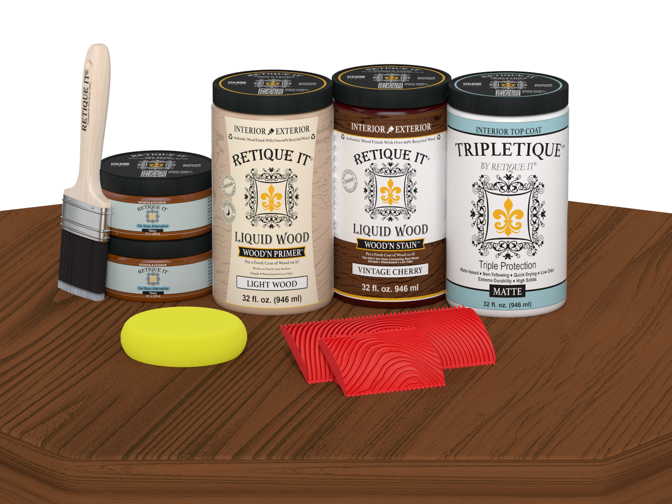 Retique It® Wood'n Cabinet Kit with 12 vintage cherry stained doors, matte finish, showcasing grained wood texture on a table.