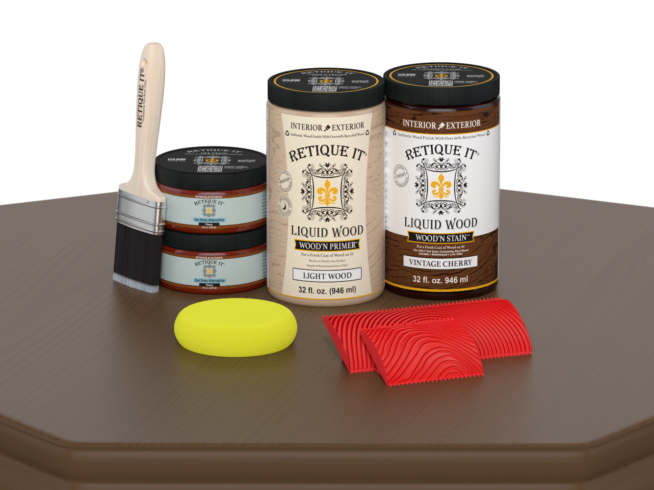 Large Vintage Cherry Wood'n Finish Kit by Retique It® displayed on a table with wood finishing supplies and sample wood finish swatches.