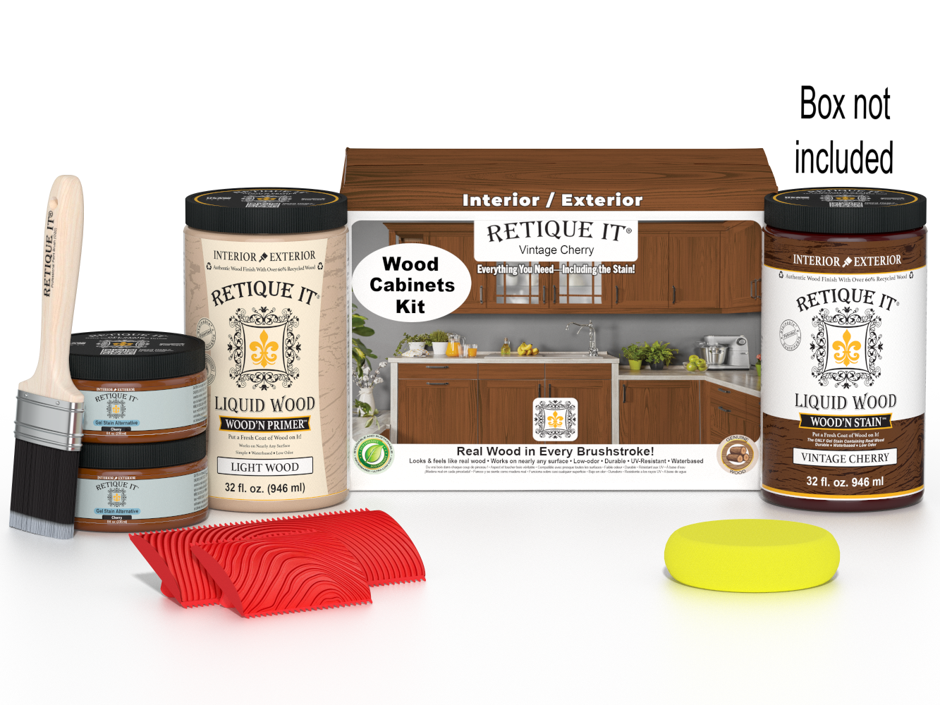 Retique It® Wood'n Cabinet Kit with 12 vintage cherry stained doors, featuring grained wood finish for stylish kitchen cabinets.