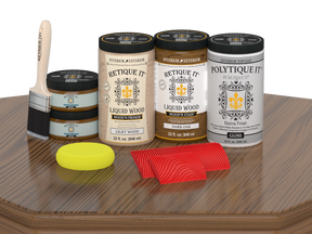 Large Dark Oak Wood'n Finish Kit by Retique It® with exterior top coat, shown on a wooden table surface.