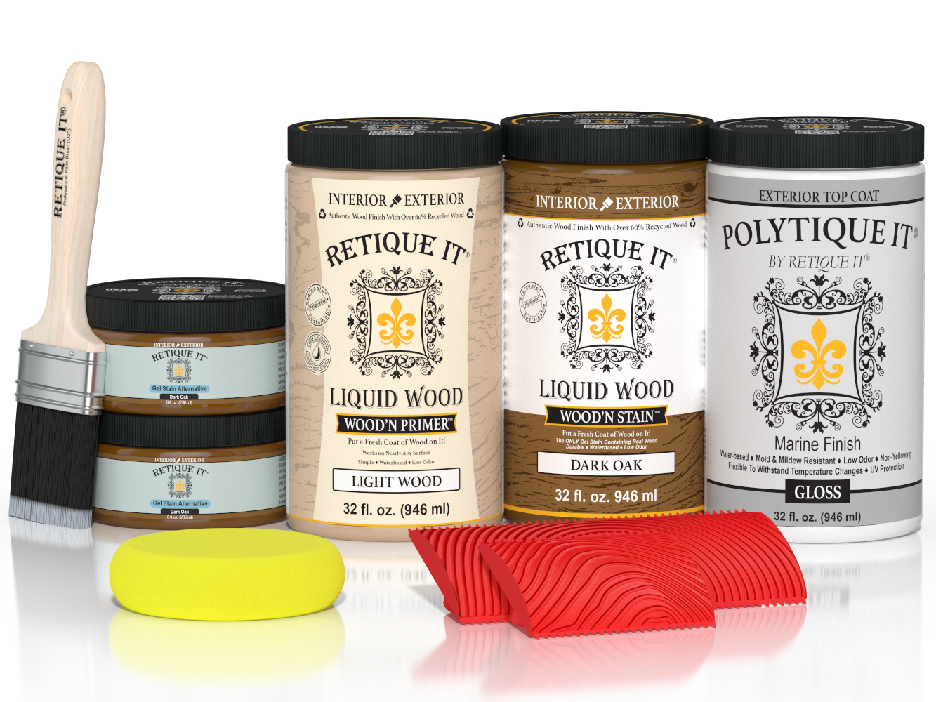 Large Dark Oak Wood'n Finish Kit by Retique It® for exterior wood surfaces, includes glossy exterior top coat in a practical kit.