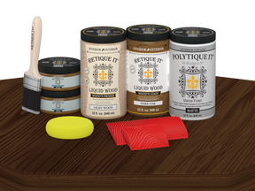 Retique It® Wood'n Finish Front Door Kit in Dark Oak stain, featuring double doors with matte finish on a table display.