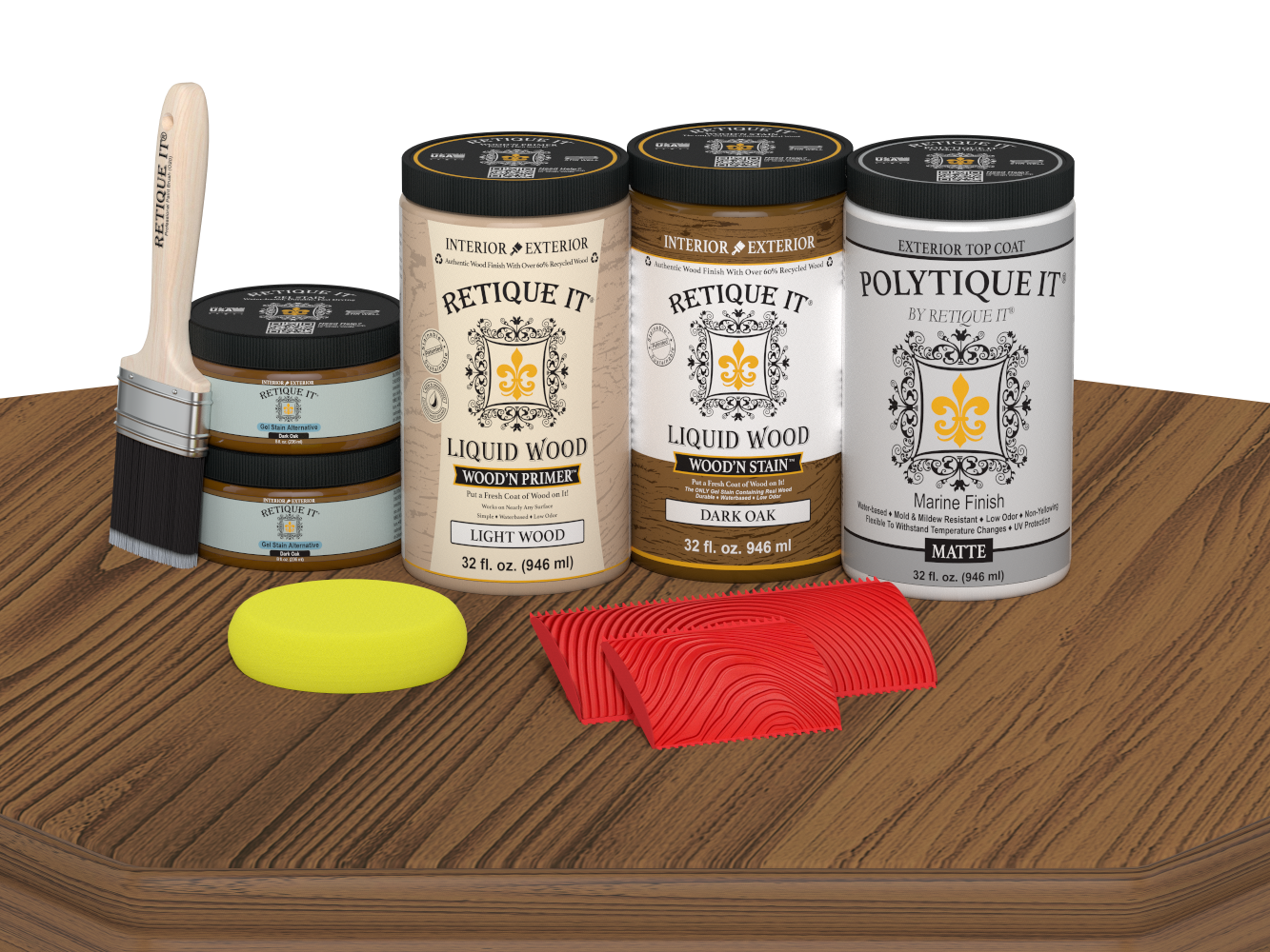 Large Dark Oak Wood'n Finish Kit by Retique It® with matte exterior top coat, shown with wood surface and application tools.
