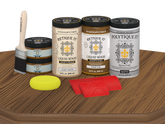 Large Dark Oak Wood'n Finish Kit by Retique It® with matte exterior top coat, shown with wood surface and application tools.