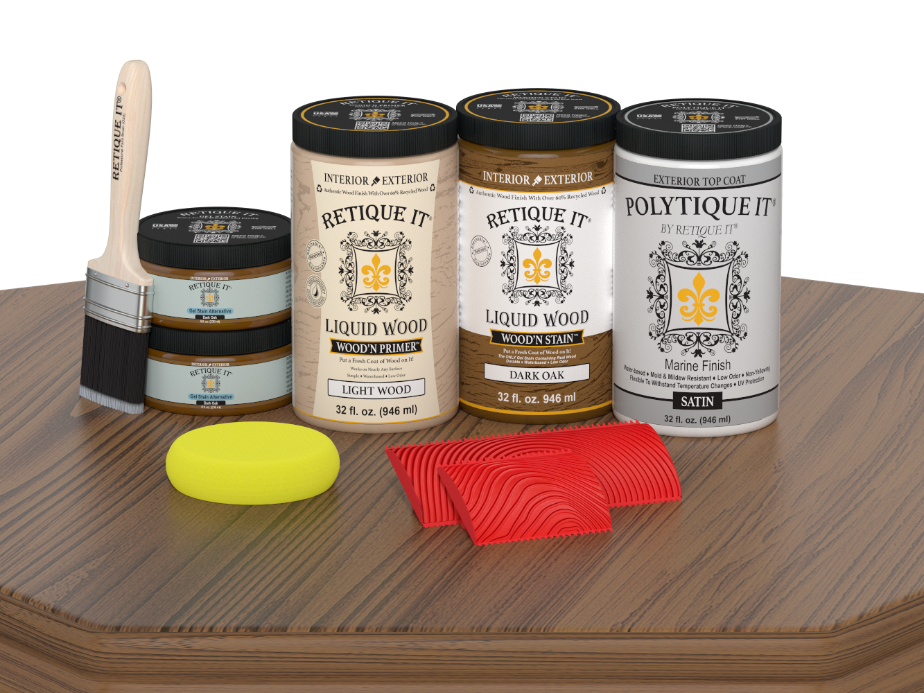 Retique It® Large Wood'n Kit in Dark Oak with satin finish, featuring exterior top coat and wood finish tools on a wooden table.