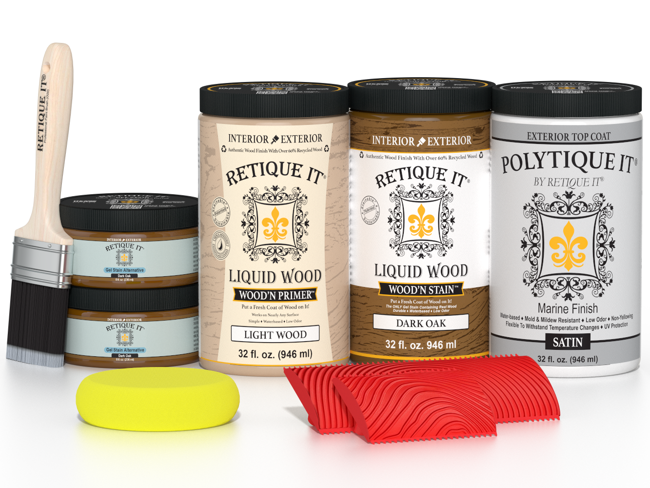 Large Dark Oak Wood'n Finish Kit by Retique It® with exterior top coat, includes wood finish and application tools in a ready-to-use package.