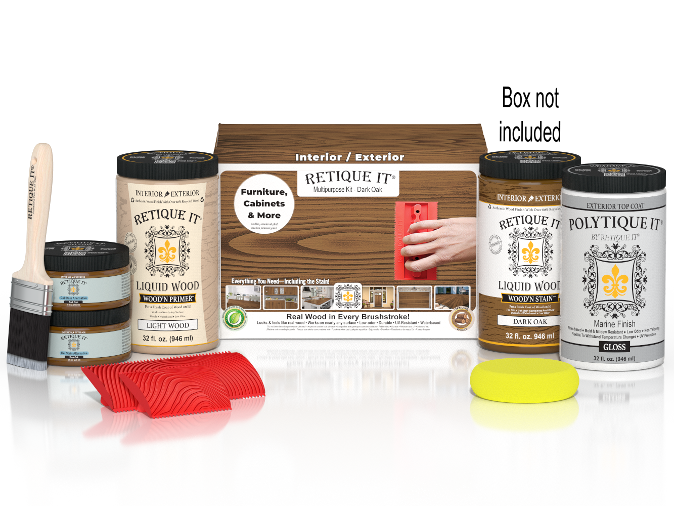 Large Dark Oak Wood'n Finish Kit by Retique It® with exterior top coat, includes brushes and application tools in a box.