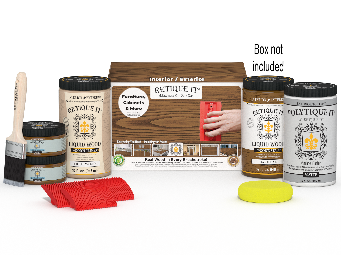 Large Dark Oak Wood'n Finish Kit by Retique It® with exterior top coat, includes wood finish and accessories in a green box.