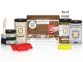 Large Dark Oak Wood'n Finish Kit by Retique It® with exterior top coat and applicator brush in a clear plastic box.
