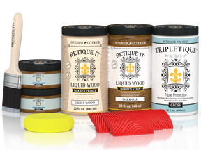 Large Dark Oak Wood'n Kit by Retique It® with gloss finish for interior wood surfaces, includes top coat and application tools.