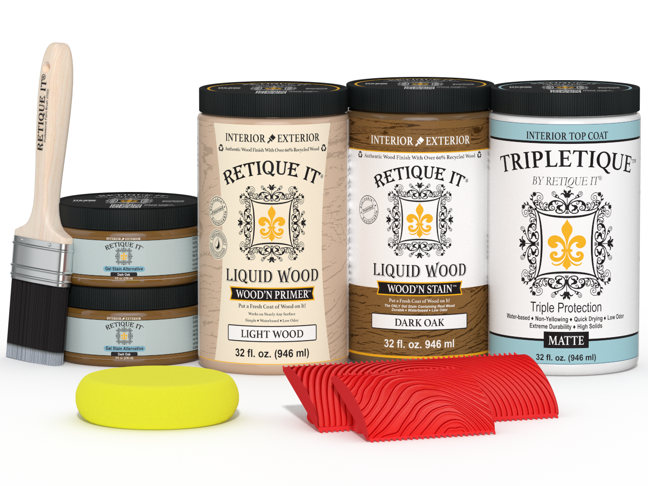 Retique It® Wood'n Finish Kit for tables, four large dark oak stain bottles, matte wood stain set for furniture.