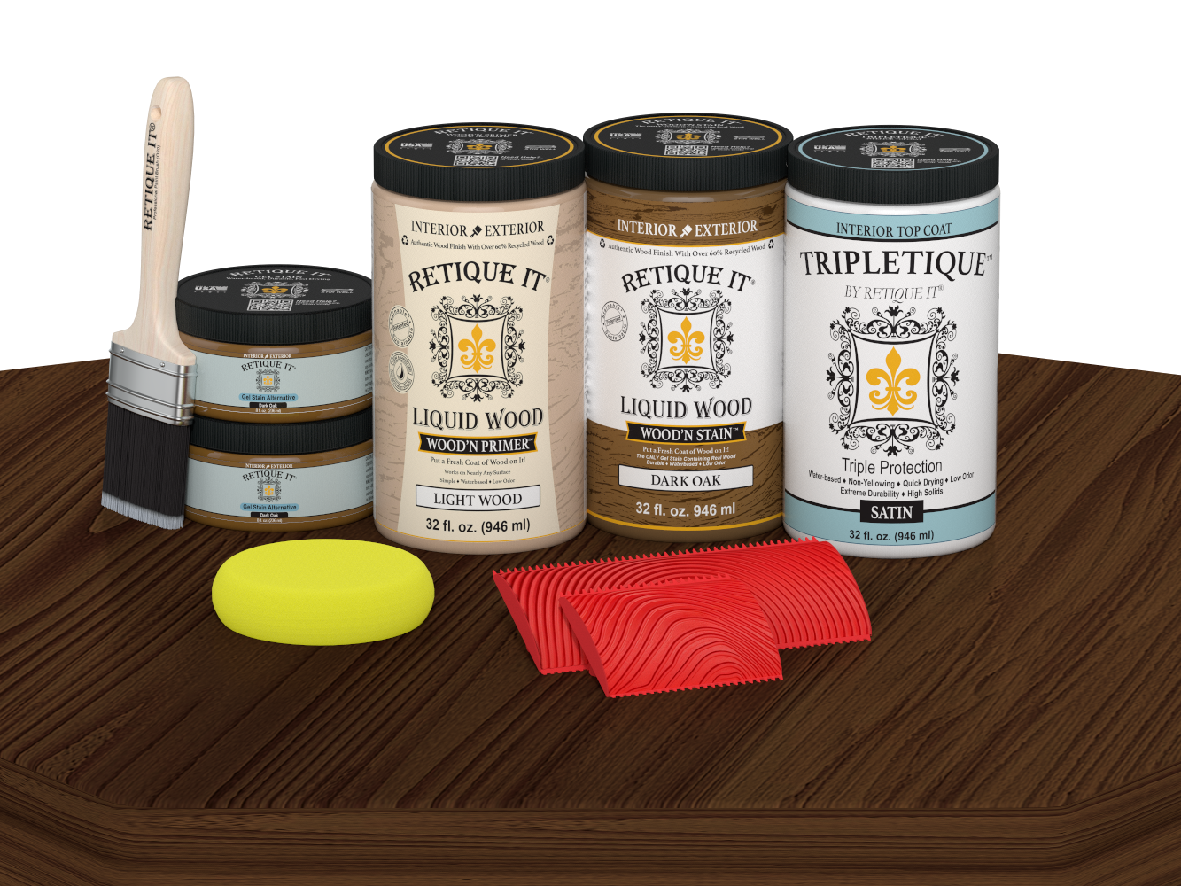 Dark oak stained Wood'n Cabinet Kit with 12 grained cabinet doors by Retique It® showing satin finish on a table surface.
