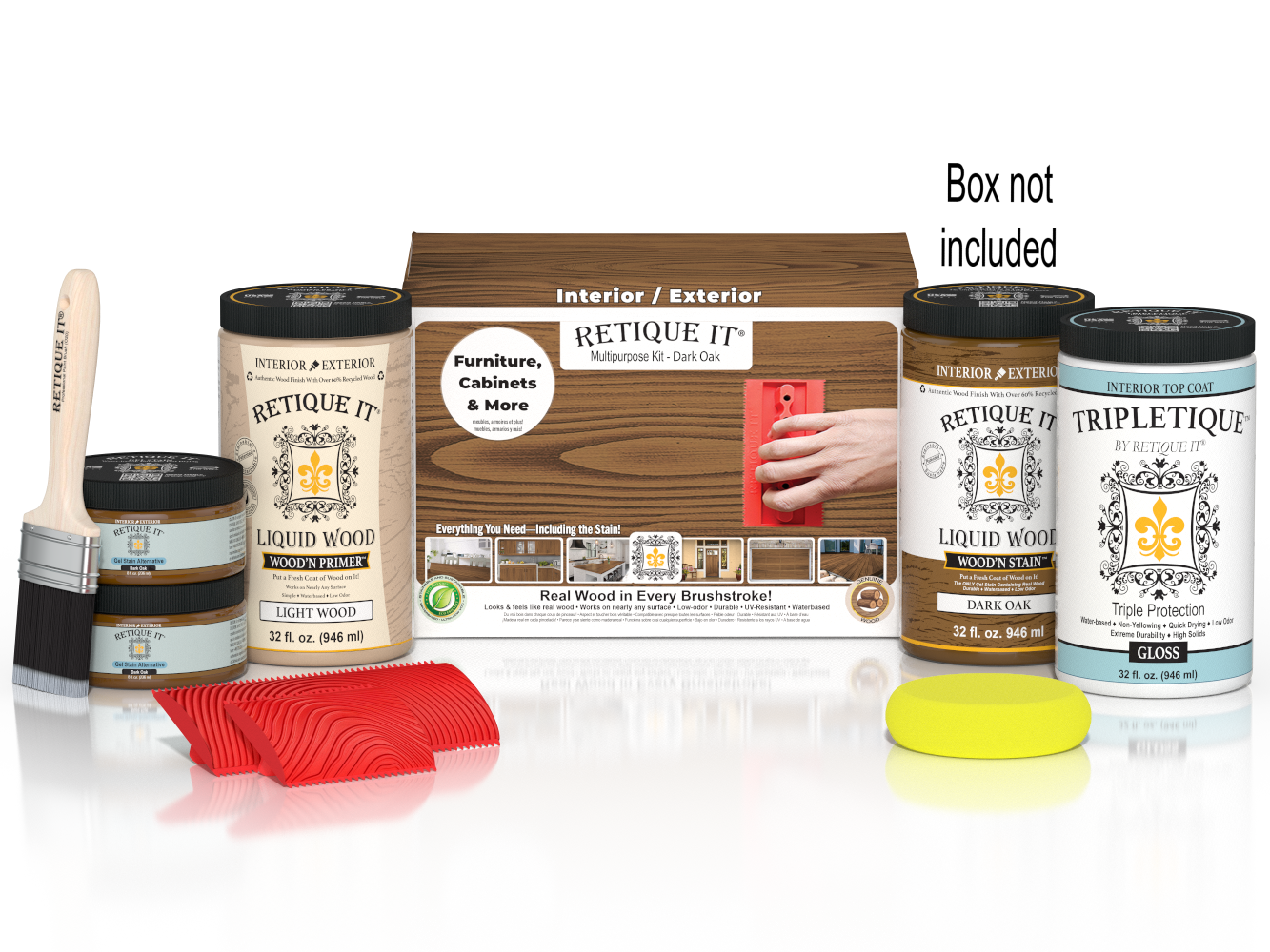 Large Dark Oak Wood'n Kit by Retique It® with interior top coat, including application tools and wood finish products.