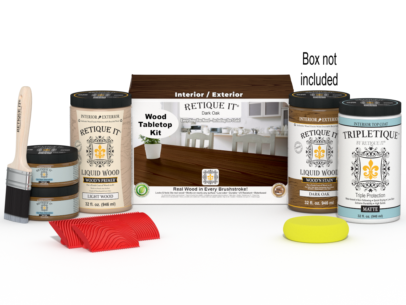Retique It® Wood'n Finish Kit for tables, dark oak stain, four large bottles, with applicator box, ideal for wood finishing projects.