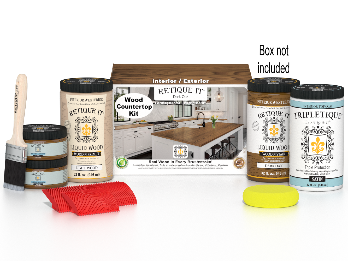 Dark oak countertop kit by Retique It® with stains, featuring a full kitchen setup and a box of stain products.