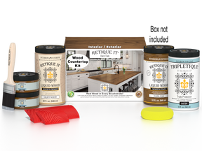 Dark oak countertop kit by Retique It® with stains, featuring a full kitchen setup and a box of stain products.