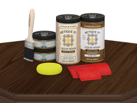 Retique It Wood'n Finish Front Door Kit (Double) in Dark Oak stain, showing the stained wooden double door on a table.
