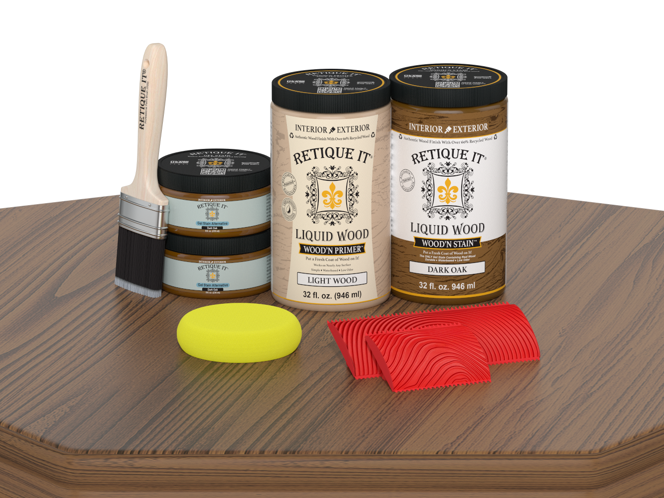 Large Dark Oak Wood'n Finish Kit by Retique It® for multi-purpose wood furniture refinishing, including brushes and finish components.