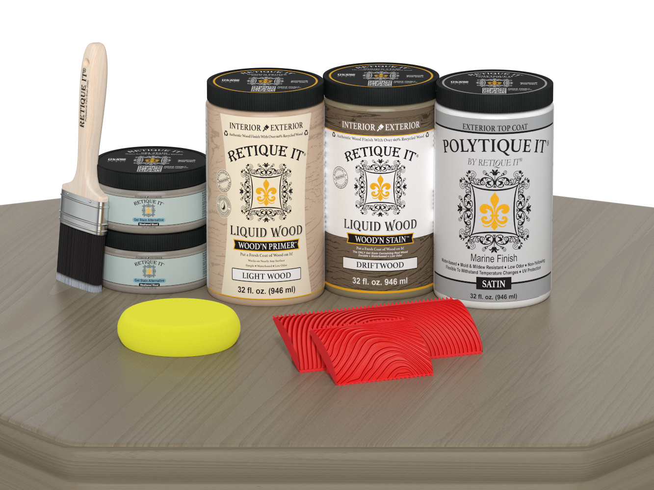 Large Wood'n Kit by Retique It® with driftwood finish, featuring satin exterior top coat on a wooden table surface.