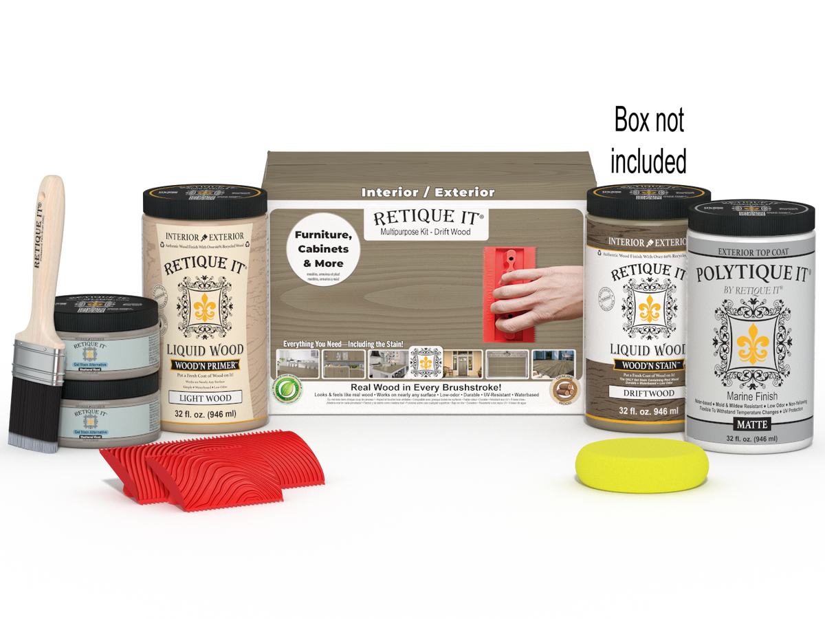 Large Wood'n Kit by Retique It® for exterior wood finishing, includes driftwood-colored top coat and application tools.