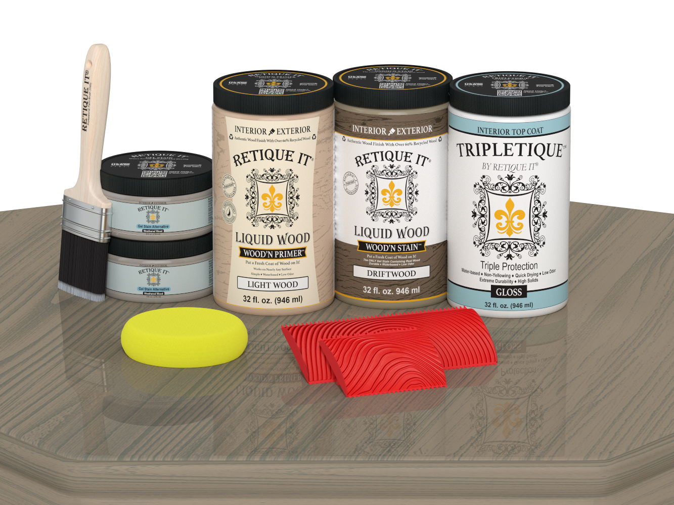 Retique It Wood'n Finish Kit with four large driftwood stain bottles, glossy finish, shown on a table surface.