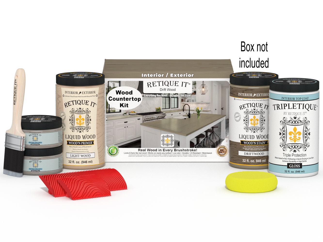 Retique It® Drift Wood countertop kit with stain, showcasing the natural wood grain and finish for a full kitchen renovation.