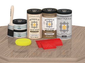 Large French Oak Wood'n Finish Kit by Retique It® with gloss top coat, shown on a table for exterior wood finishing projects.