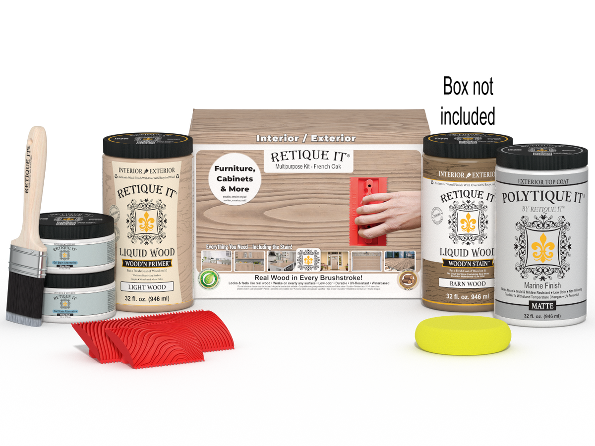 Large French Oak Wood'n Finish Kit by Retique It® with exterior top coat and included application tools.