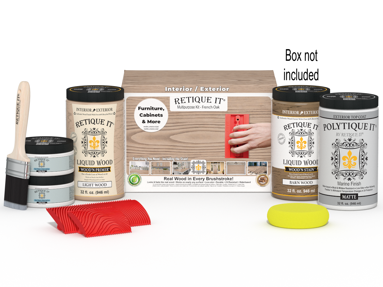 Large French Oak Wood'n Finish Kit by Retique It® with exterior top coat and included application tools.