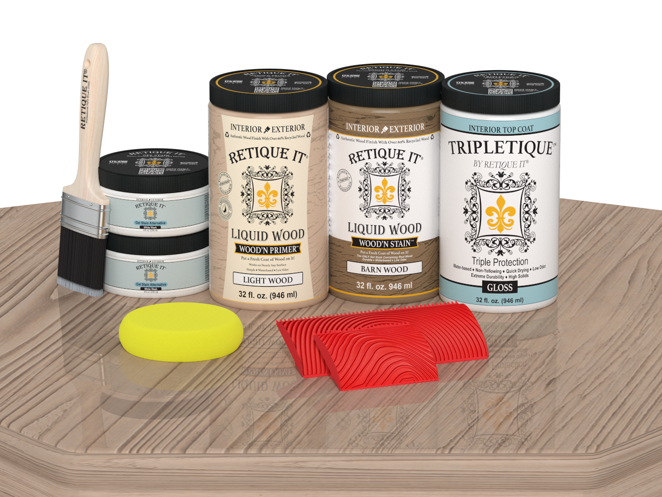 Large French Oak Wood'n Finish Kit by Retique It® for interior top coat, shown with glossy wood finish on table.