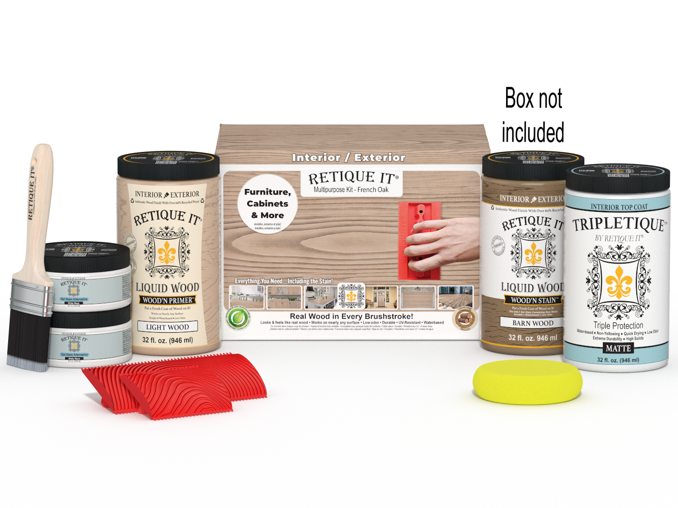 Large French Oak Wood'n Finish Kit by Retique It® with interior top coat, includes wood finish and application tools.