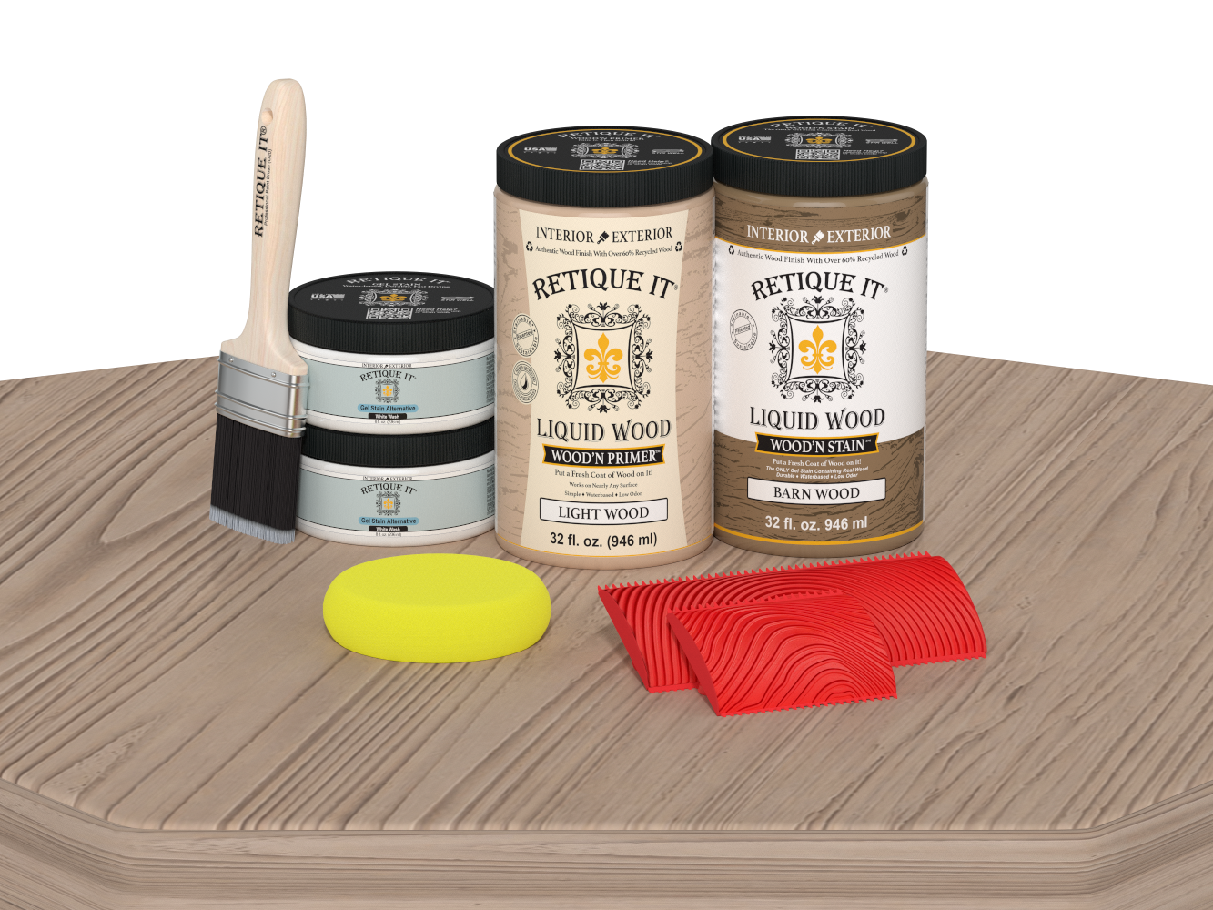 Large French oak Wood'n Finish Kit from Retique It® on a table, featuring brushes and finish bottles for multi-purpose wood finishing.
