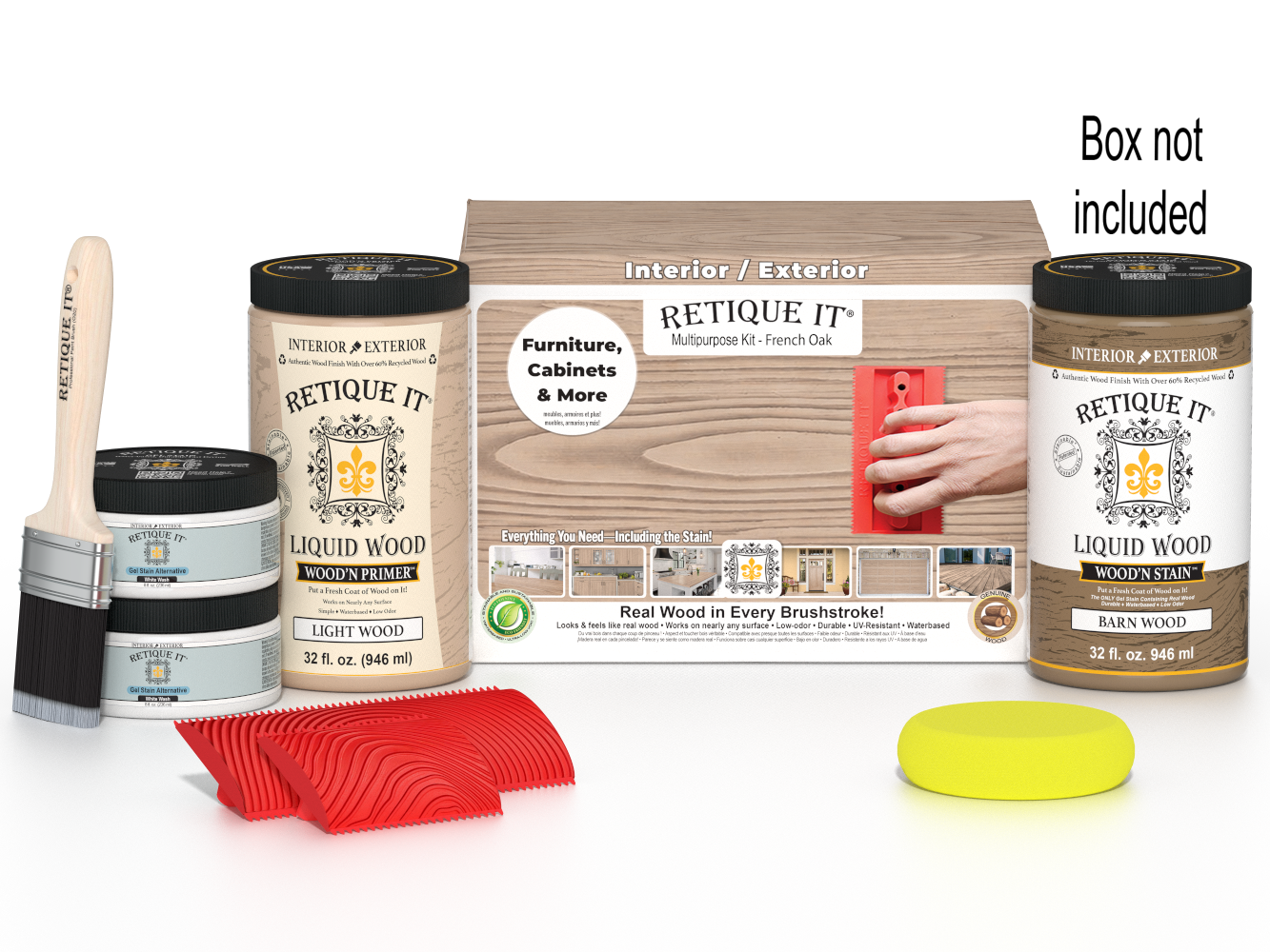 Large Wood'n Kit French oak by Retique It® with wood finish bottles and applicator tools in a box, designed for furniture refinishing.