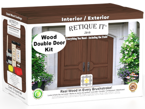Double wood front door stained with Retique It® Wood'n Finish Java stain, showcasing natural wood grain and rich color.