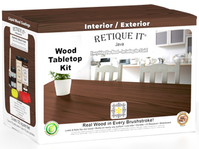 Retique It® Wood'n Finish Kit in Java for tabletops, includes four large stain containers with wood finish swatches.