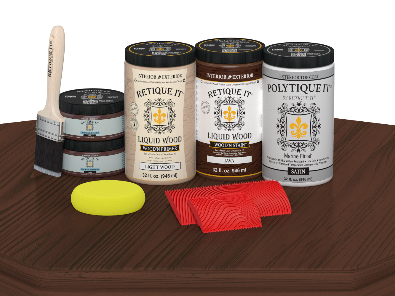 Retique It® Wood'n Finish front door kit in Java stain, satin finish, showing the stained wooden double door with smooth surface.