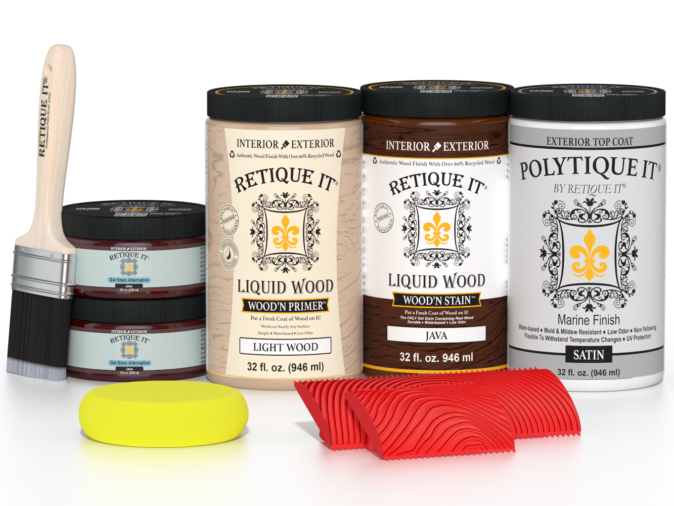 Large Java Wood'n Finish Kit by Retique It® for exterior wood projects, includes satin top coat and multi-purpose wood finish components.