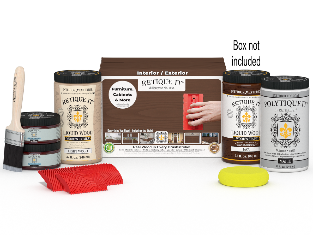 Large Java Wood'n Kit by Retique It® for exterior top coat, includes wood finish supplies and applicator tools.