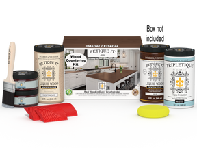 Retique It® Java countertop kit with stains, featuring full kitchen setup and included box, designed for countertop refinishing.