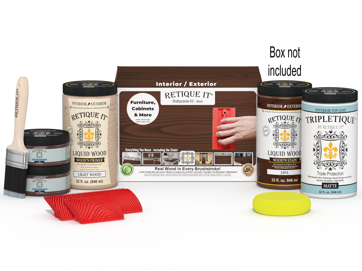 Large Java Wood'n Finish Kit by Retique It® for interior top coat, includes tools and supplies for wood finishing projects