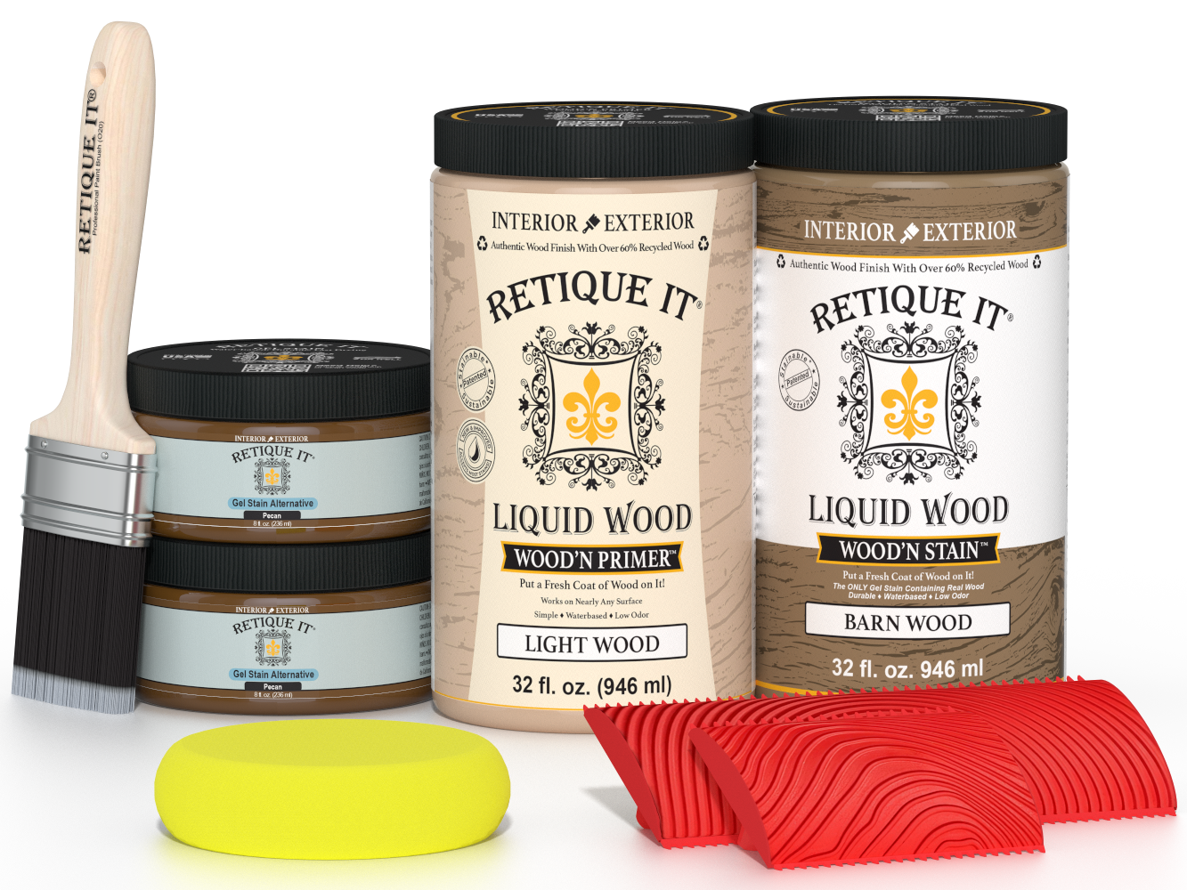 Large Modern Walnut Wood'n Finish Kit by Retique It® featuring wood finish samples and tools for multi-purpose woodworking projects.