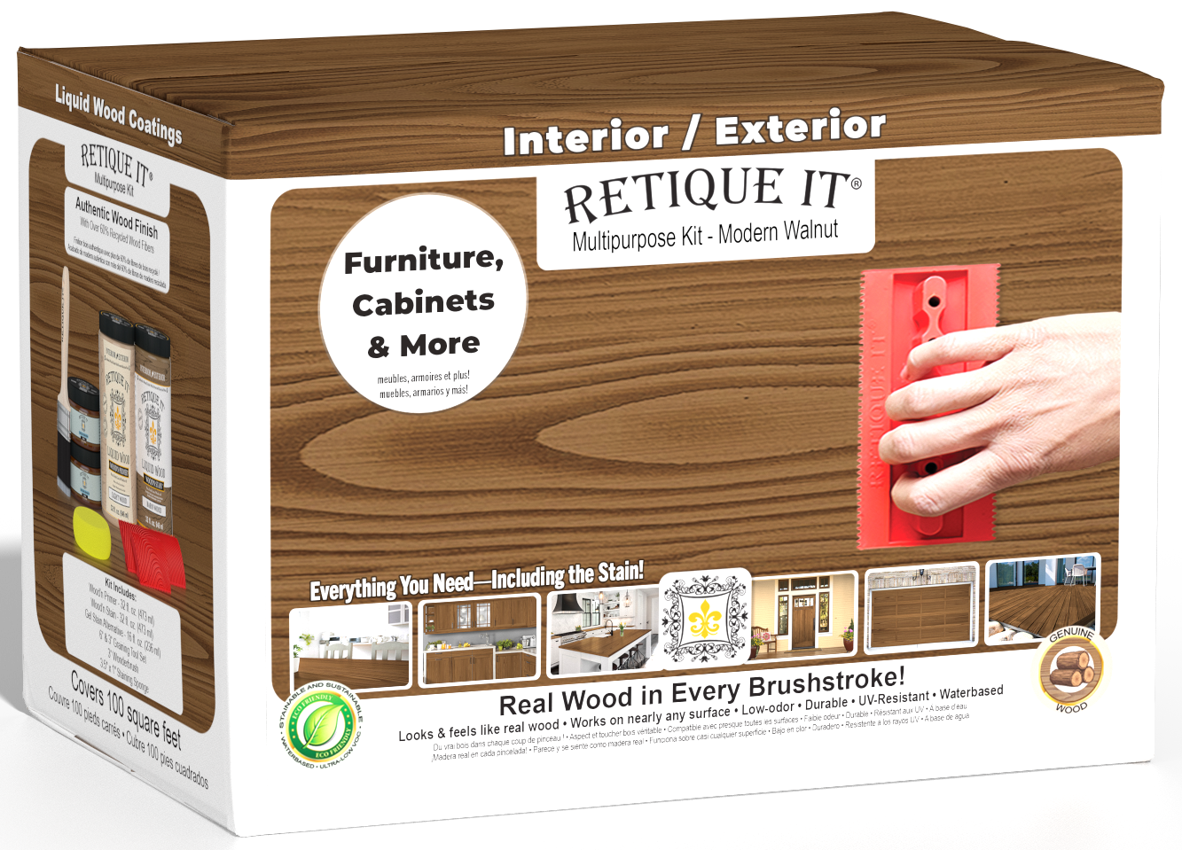 Large Modern Walnut Wood'n Finish Kit by Retique It® for interior topcoats, including brushes and finishing supplies in a white box.