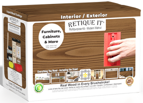Large Modern Walnut Wood'n Finish Kit by Retique It® for interior topcoats, including brushes and finishing supplies in a white box.