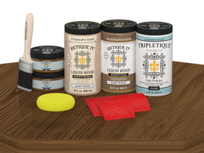 Large Modern Walnut Wood'n Finish Kit by Retique It® with interior topcoat, featuring glossy wood finish on a table surface.