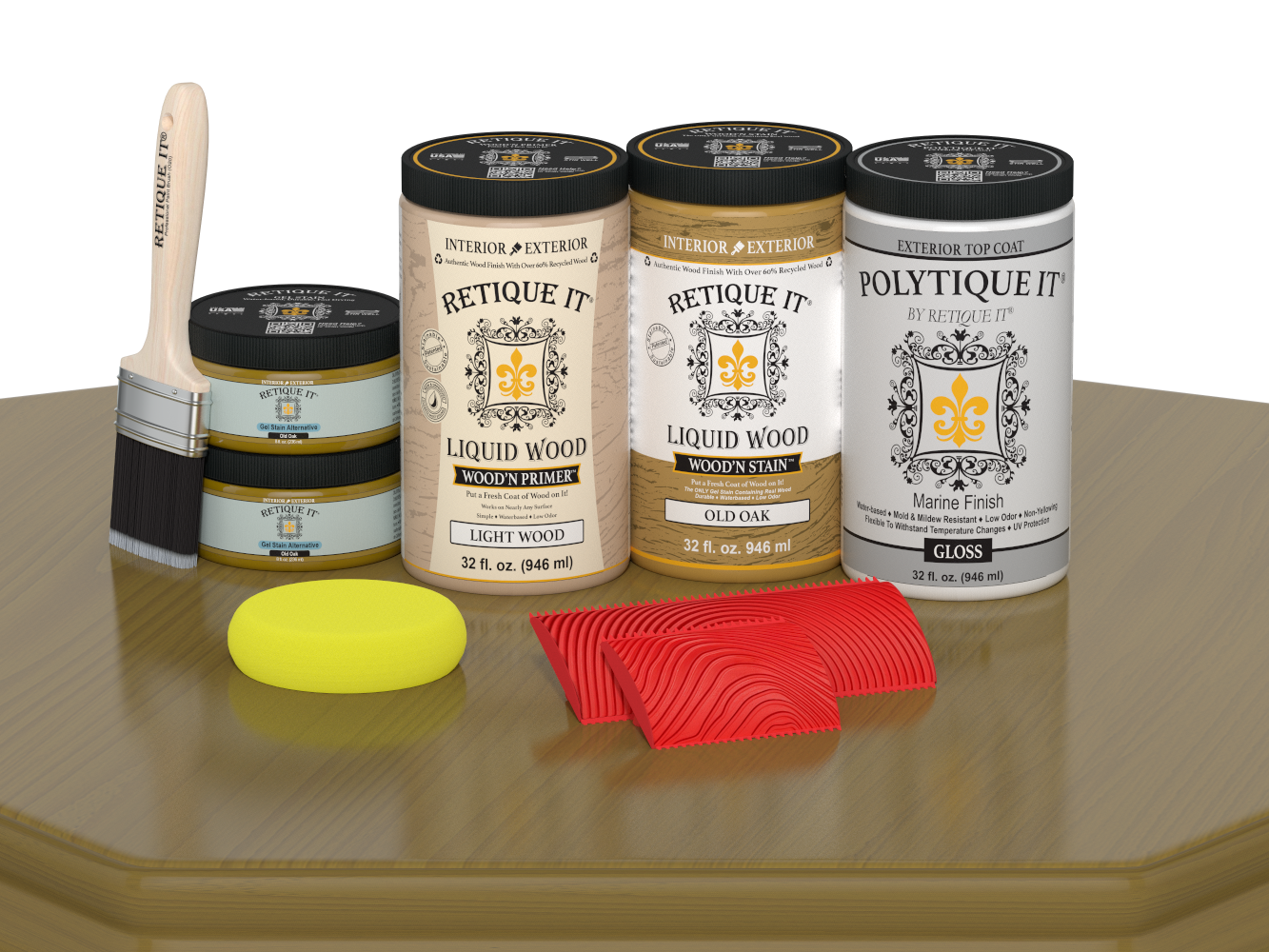 Large Old Oak Wood'n Finish Kit with gloss exterior top coat by Retique It® for wood projects, featuring brushes and finishing supplies.